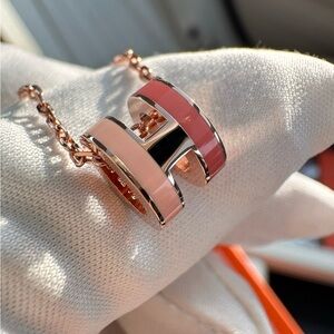 Hermes Rose Gold Double Enamel 'H' Pendant Necklace in Blush and Coral